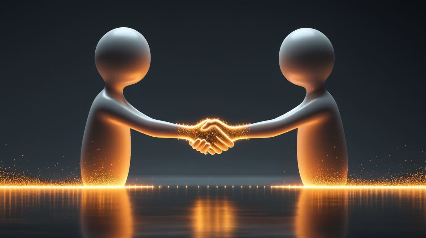 שתי דמויות מופשטות מחוברות בגשר של קרני אור חמות, ולחיצת יד של חלקיקי אור נוצרת ביניהן — אמון שנבנה מאפס